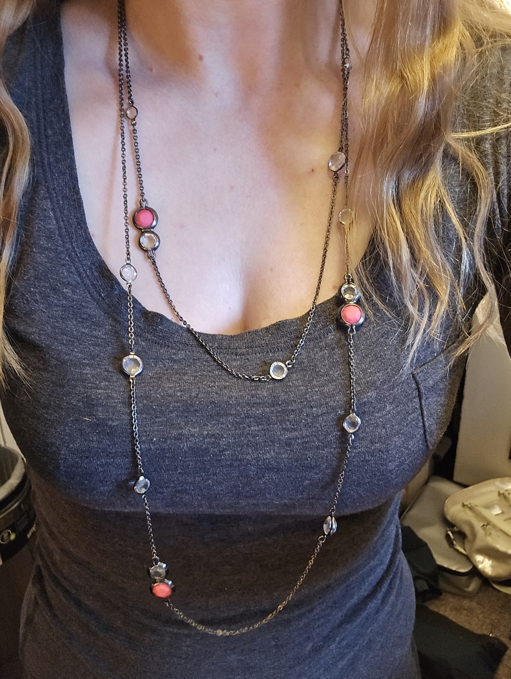 Long Layered Necklace with Pink and Clear Accents Express